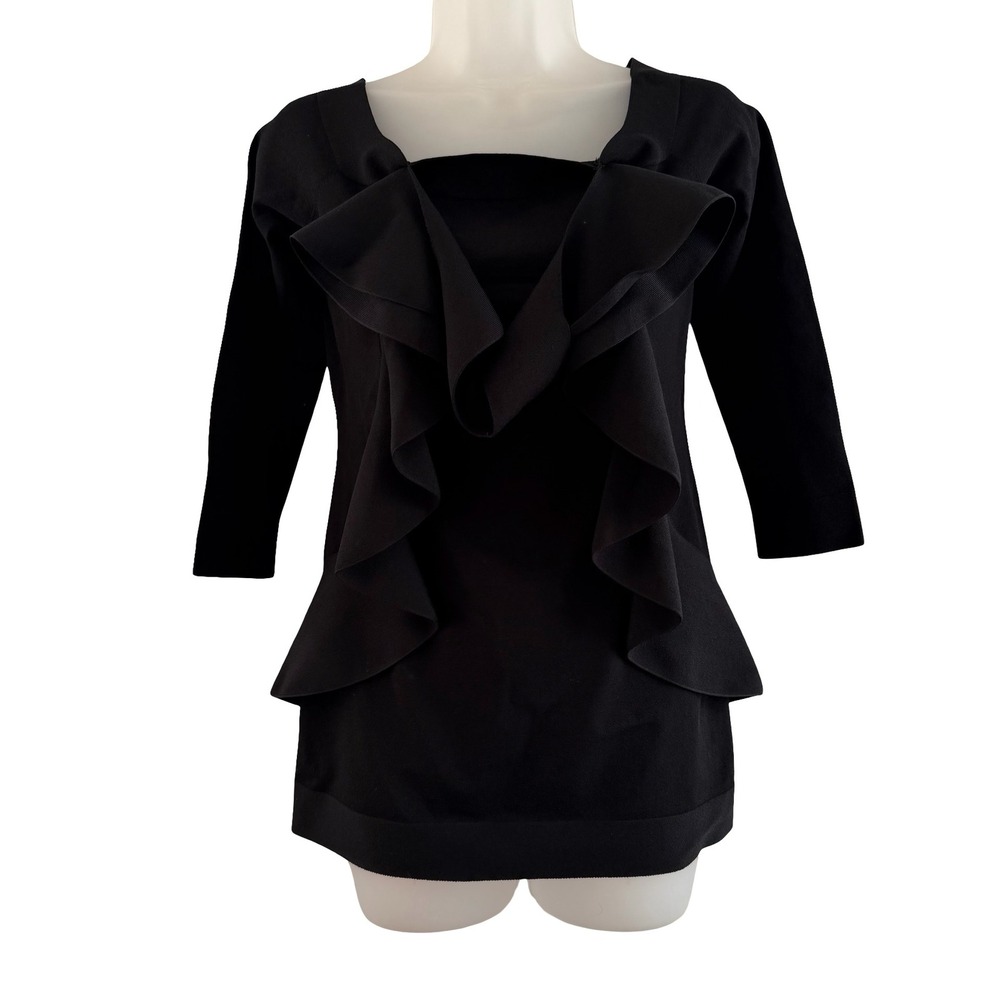 D.EXTERIOR Black 3/4 Sleeve Ruffle‎ Square Neck Blouse Tunic Top Italy Draping